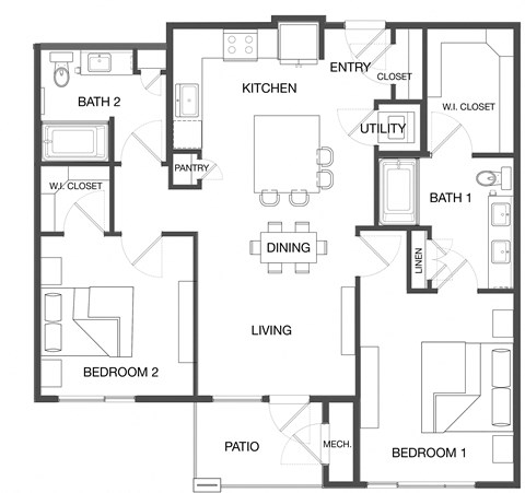 Floor plan for 2 beds, 2 baths, 1158 sqft